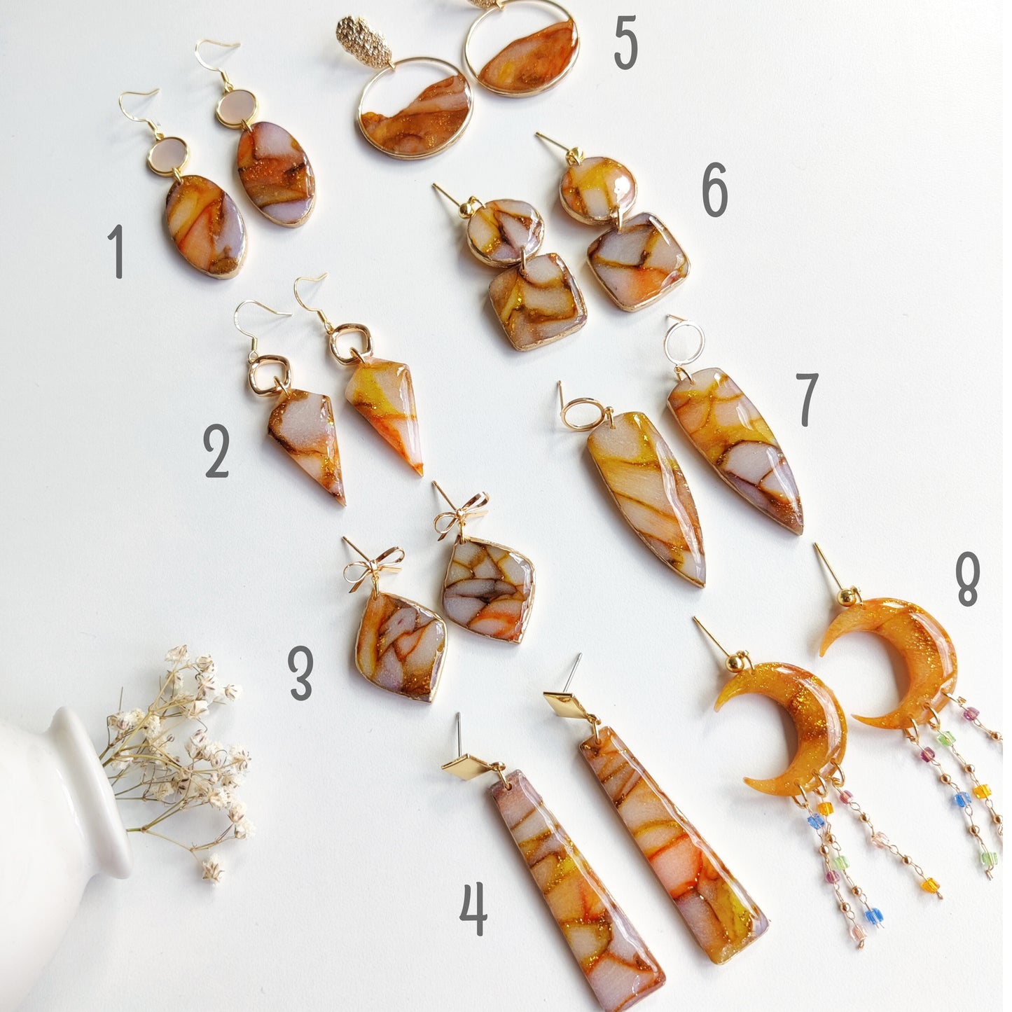 Boucles d'oreilles orange "effet marbré"