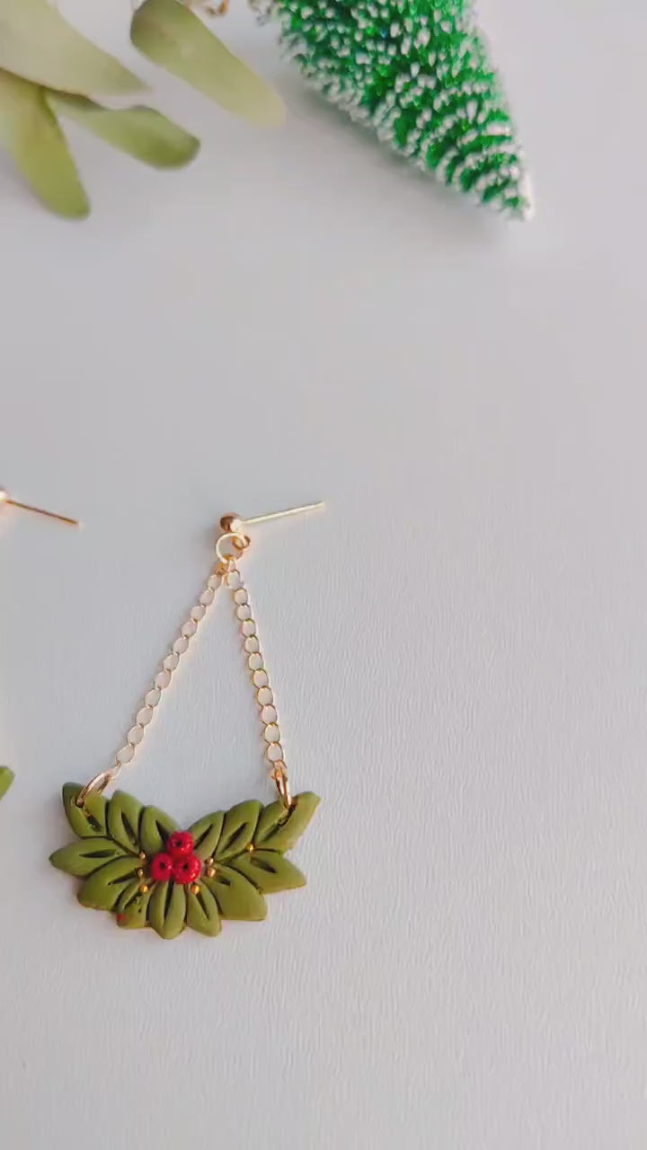 Christmas Earrings | Christmas Wreath Earrings | Polymer Clay Earrings | Holiday Earrings | Gifts for Her | Poinsettia Earrings
