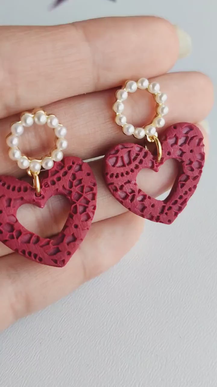 Heart Earrings | Valentine's Day Earrings | Polymer Clay Earrings | Clay Earrings | Floral Earrings | Pink | Handmade Jewellery | Gift