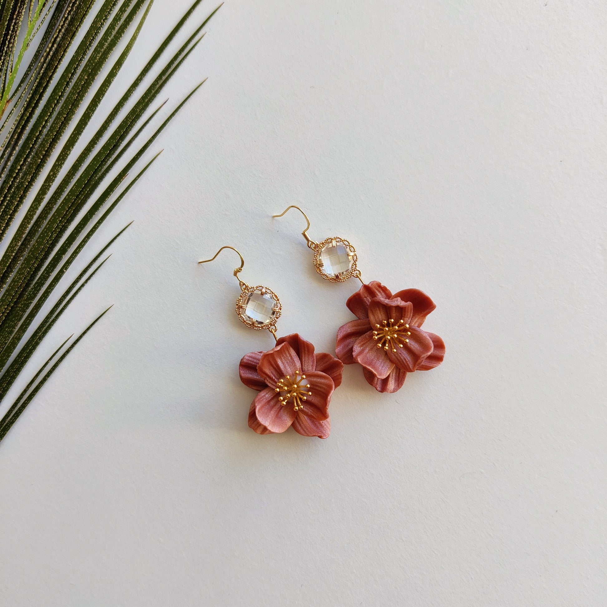 Pink and gold floral dangle earrings | Modern flower bridal earrings | Wedding flower earrings handmade | Floral bridal jewelry for brides