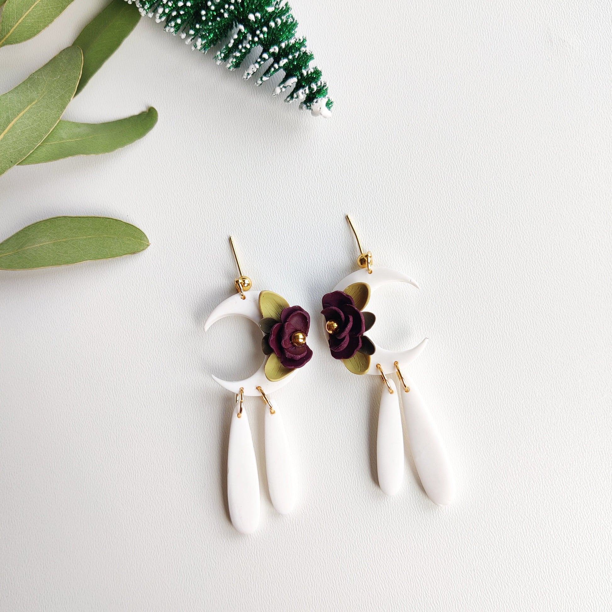 LUNA | Moon | crescent moon floral earrings | floral earrings | polymer clay earrings | christmas | gifts for her | handmade earrings