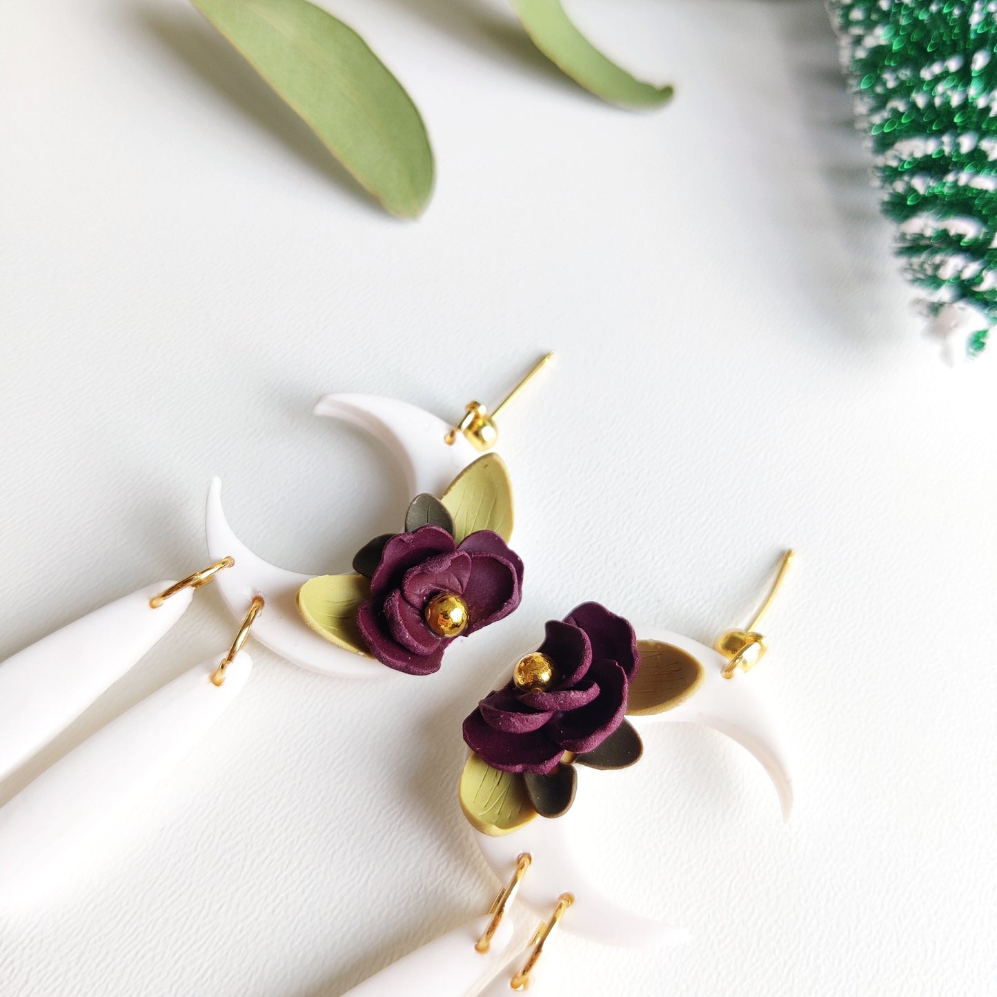 LUNA | Moon | crescent moon floral earrings | floral earrings | polymer clay earrings | christmas | gifts for her | handmade earrings