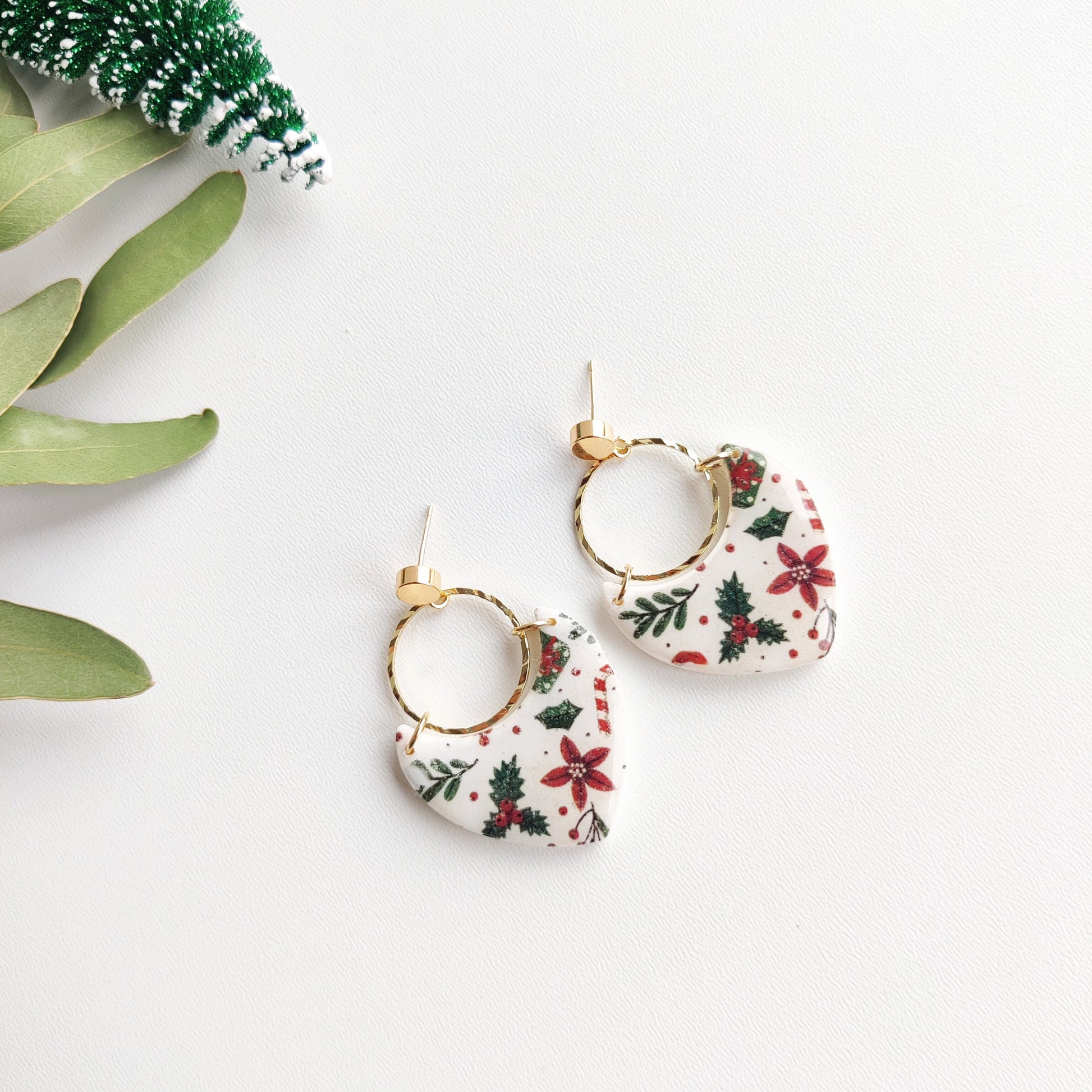 Christmas | Polymer Clay | Statement earrings | Christmas Tree | Holly Leaf | Earrings | Polymer clay and 14 k Gold Plated Earrings |