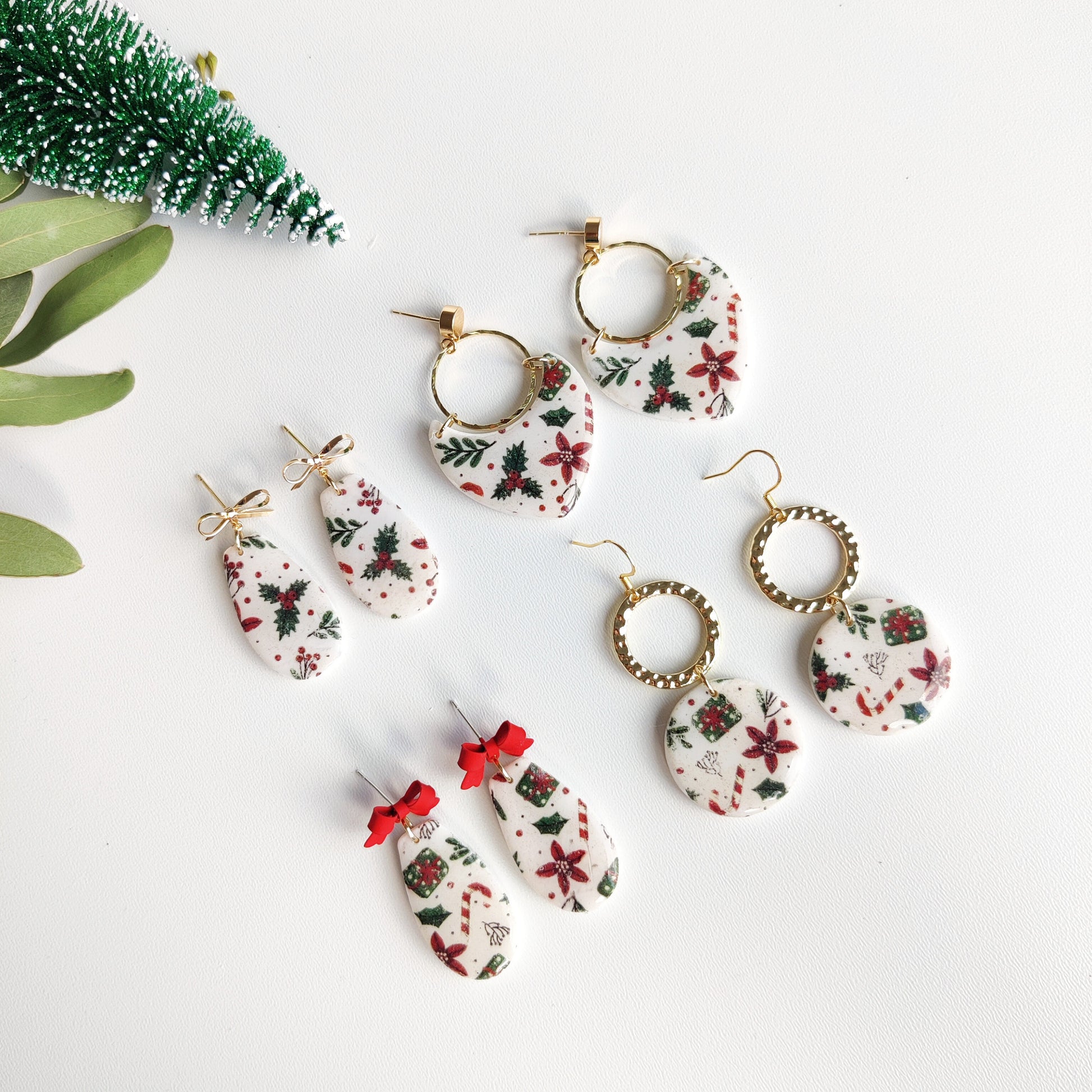 Christmas | Polymer Clay | Statement earrings | Christmas Tree | Holly Leaf | Earrings | Polymer clay and 14 k Gold Plated Earrings |