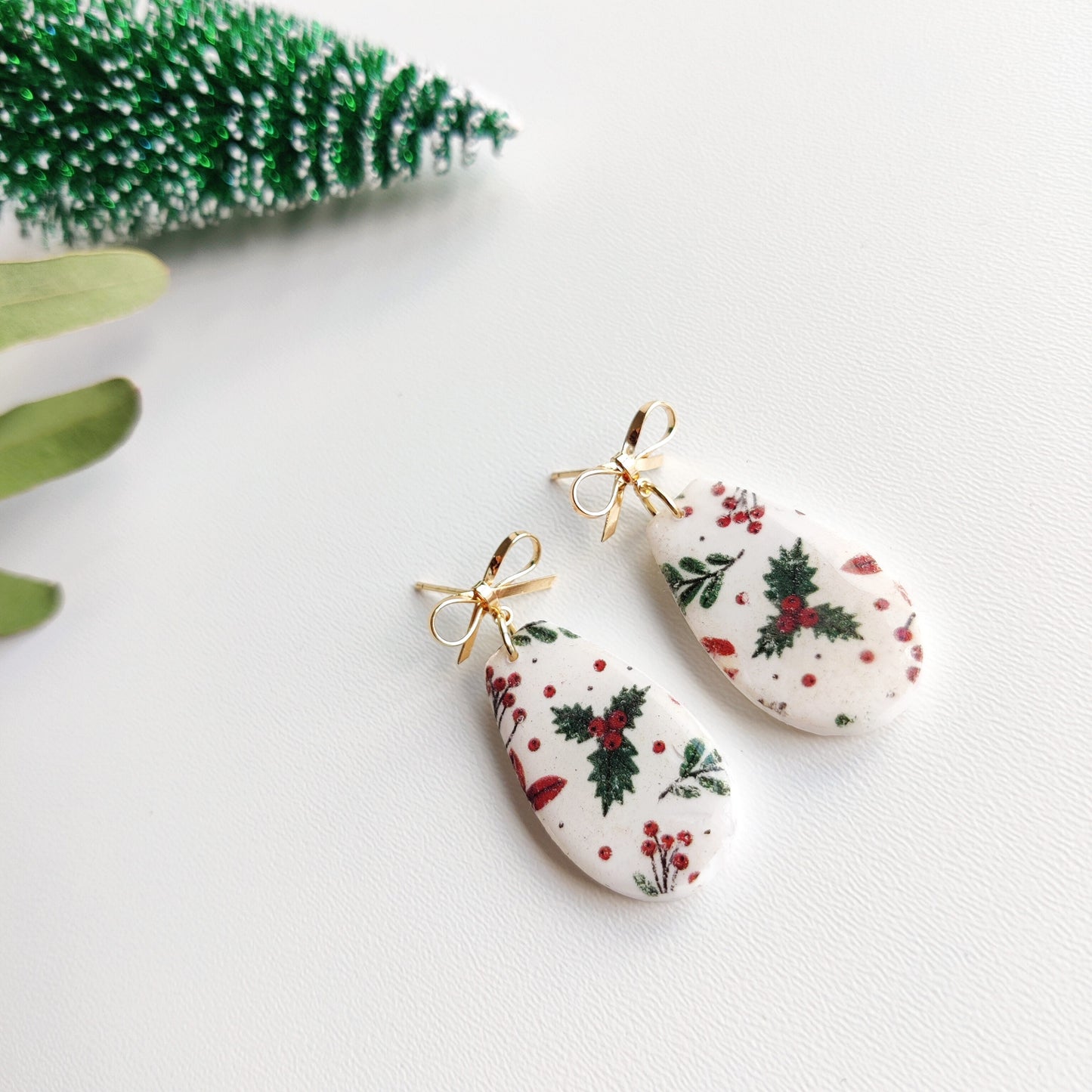 Christmas | Polymer Clay | Statement earrings | Christmas Tree | Holly Leaf | Earrings | Polymer clay and 14 k Gold Plated Earrings |