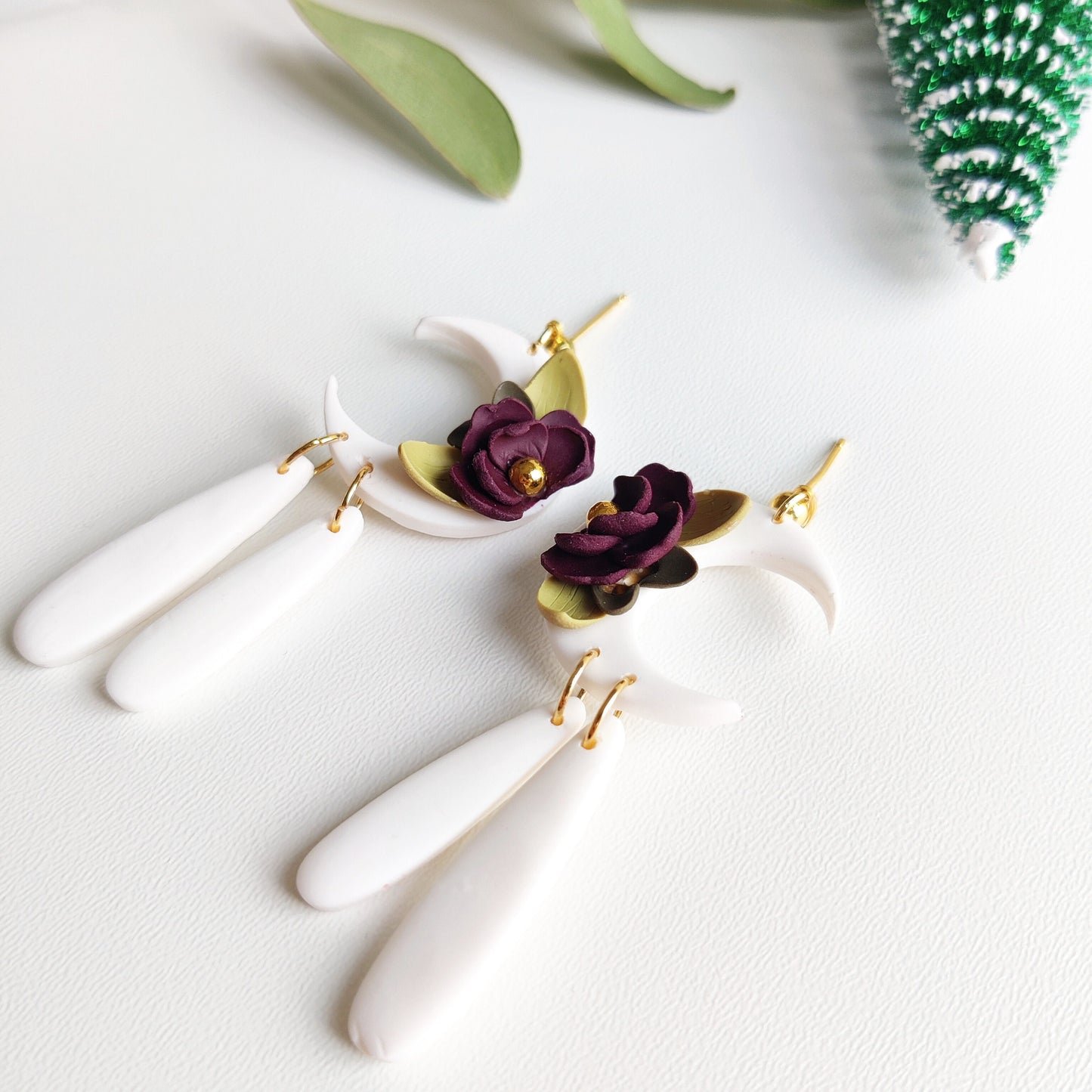 LUNA | Moon | crescent moon floral earrings | floral earrings | polymer clay earrings | christmas | gifts for her | handmade earrings