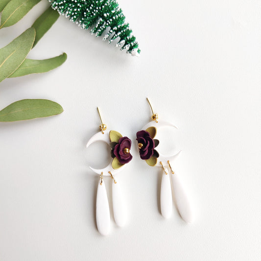 LUNA | Moon | crescent moon floral earrings | floral earrings | polymer clay earrings | christmas | gifts for her | handmade earrings