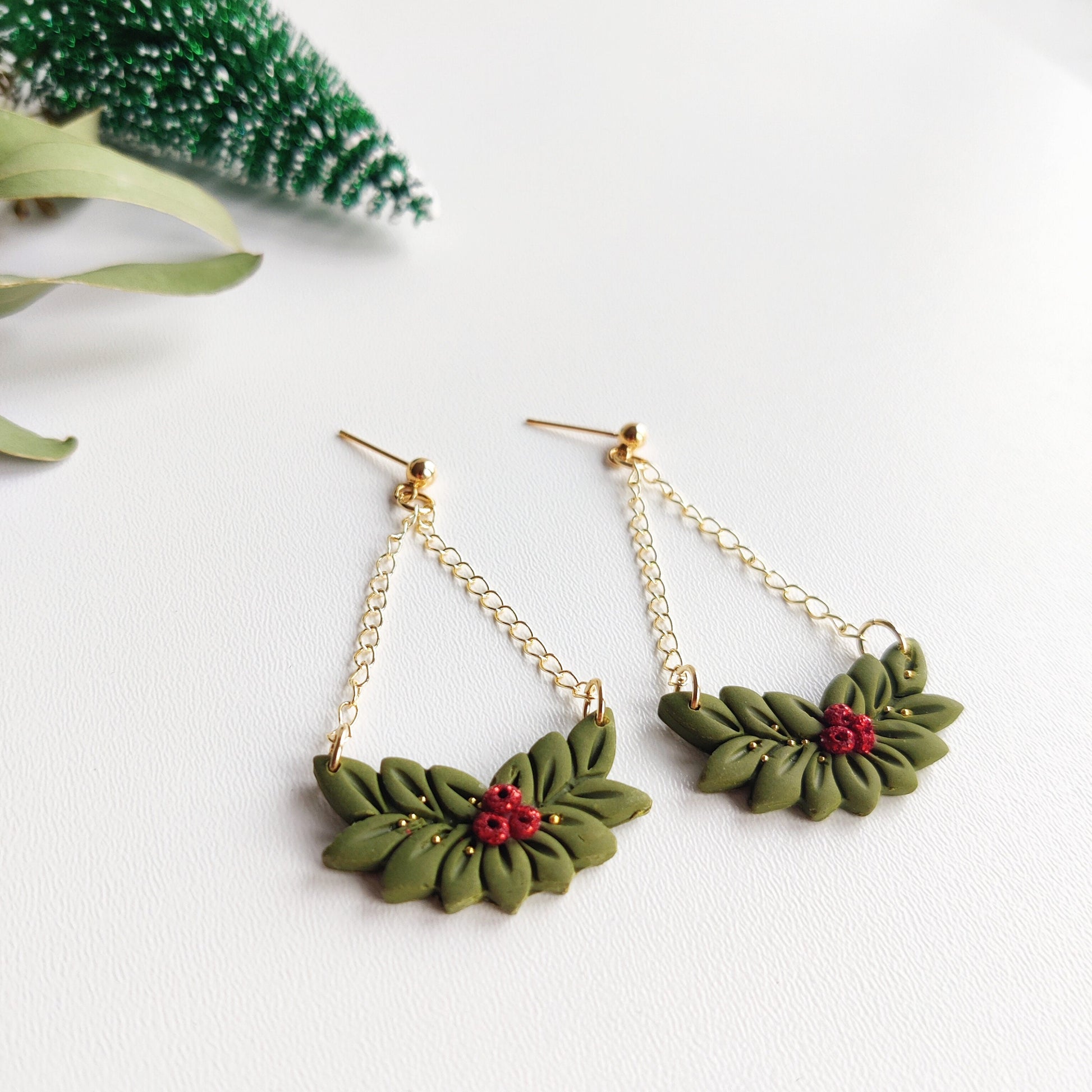 Christmas Earrings | Christmas Wreath Earrings | Polymer Clay Earrings | Holiday Earrings | Gifts for Her | Poinsettia Earrings