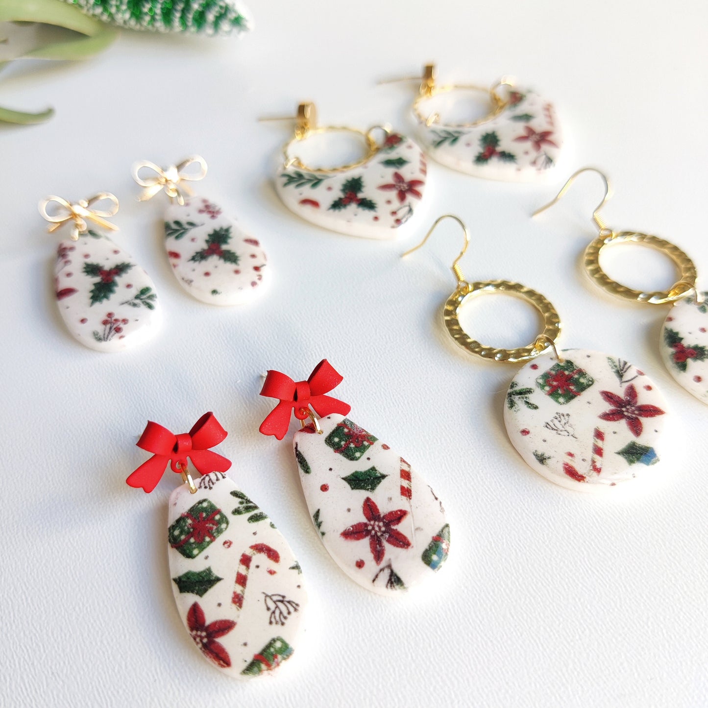Christmas | Polymer Clay | Statement earrings | Christmas Tree | Holly Leaf | Earrings | Polymer clay and 14 k Gold Plated Earrings |