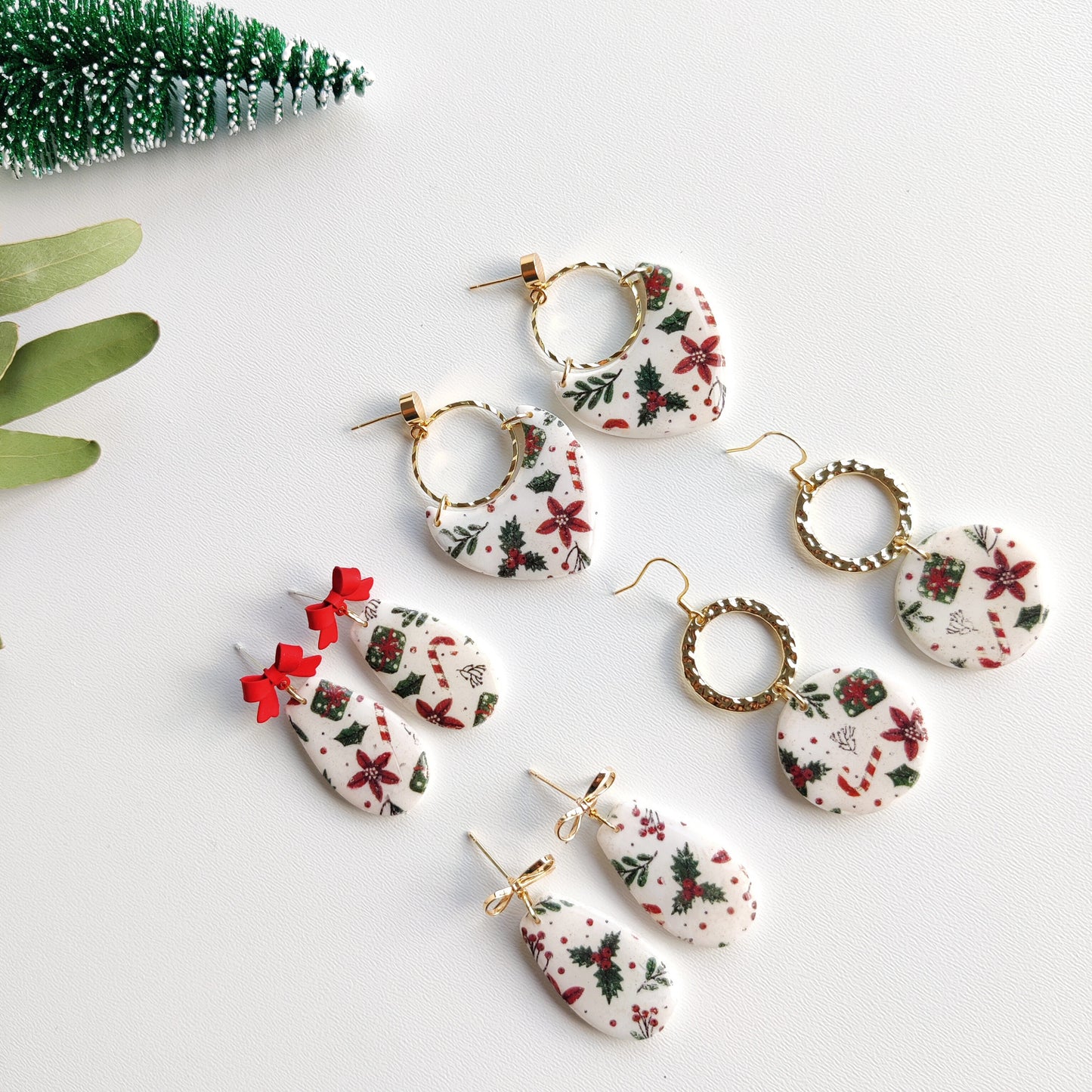 Christmas | Polymer Clay | Statement earrings | Christmas Tree | Holly Leaf | Earrings | Polymer clay and 14 k Gold Plated Earrings |