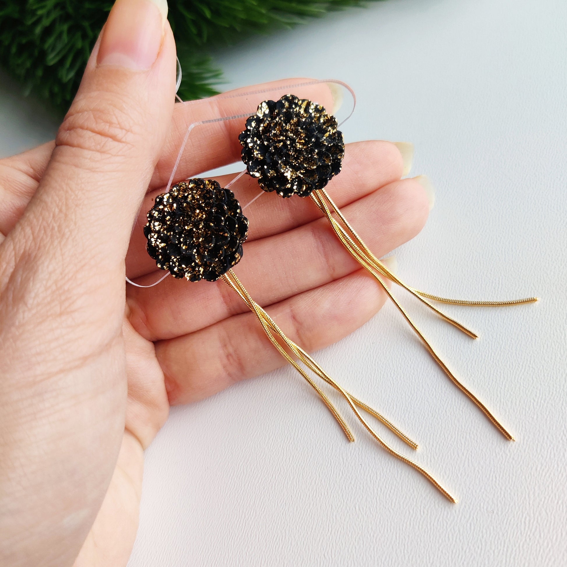 Black Gold Handmade Earrings | Festive Flower Earrings | NYE Earrings | New year eve Flower Earring | Dangle Earring | Gold Earrings