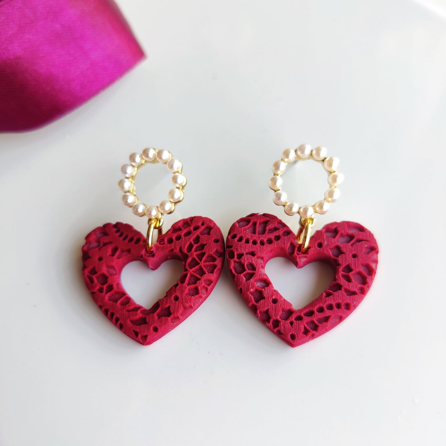 Heart Earrings | Valentine's Day Earrings | Polymer Clay Earrings | Clay Earrings | Floral Earrings | Pink | Handmade Jewellery | Gift