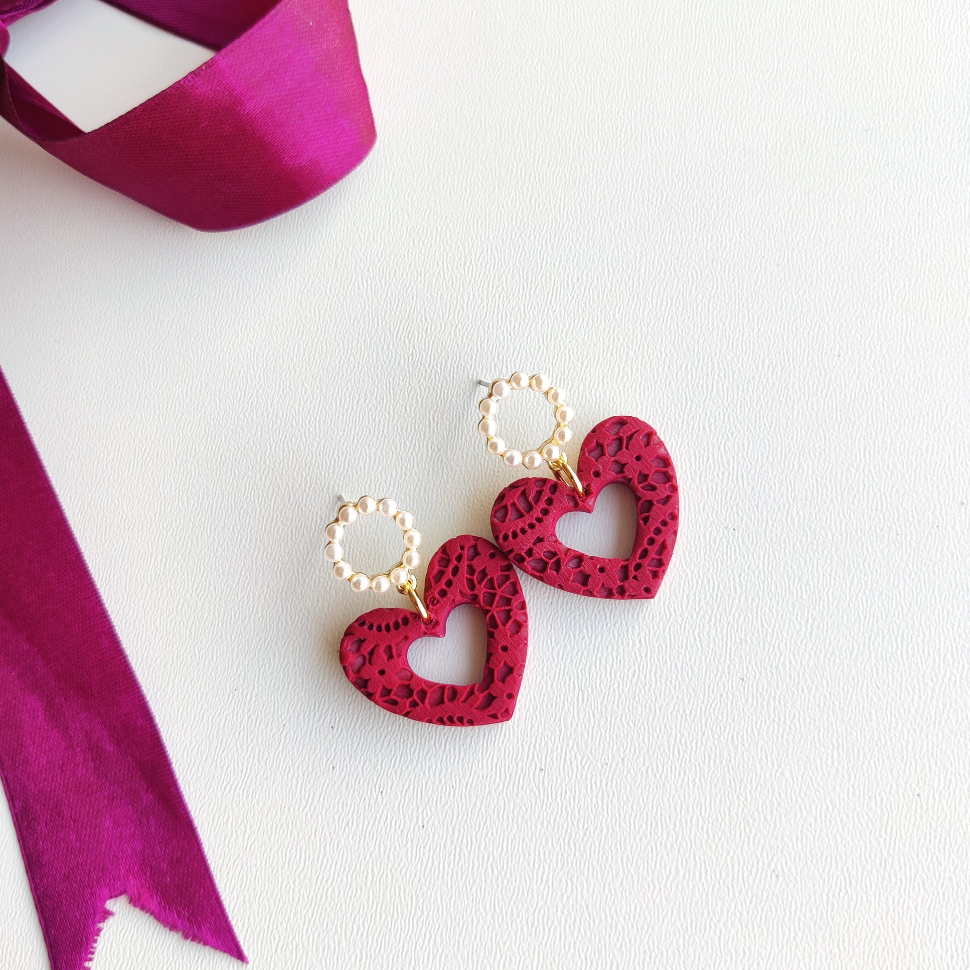 Heart Earrings | Valentine's Day Earrings | Polymer Clay Earrings | Clay Earrings | Floral Earrings | Pink | Handmade Jewellery | Gift
