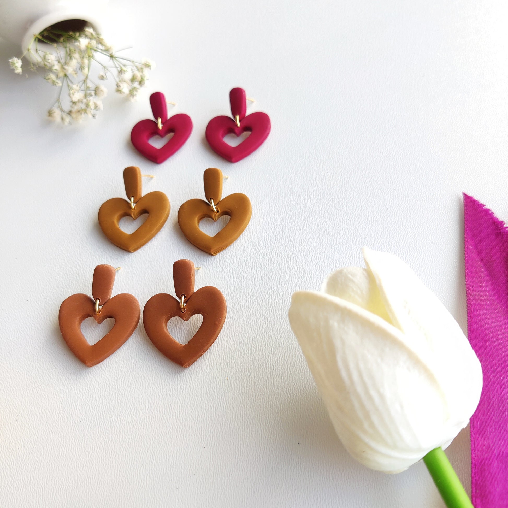 Retro Heart Earrings | Valentine's Day Earrings | Polymer Clay Earrings | Clay Earrings | Floral Earrings | Pink | Handmade Jewellery | Gift