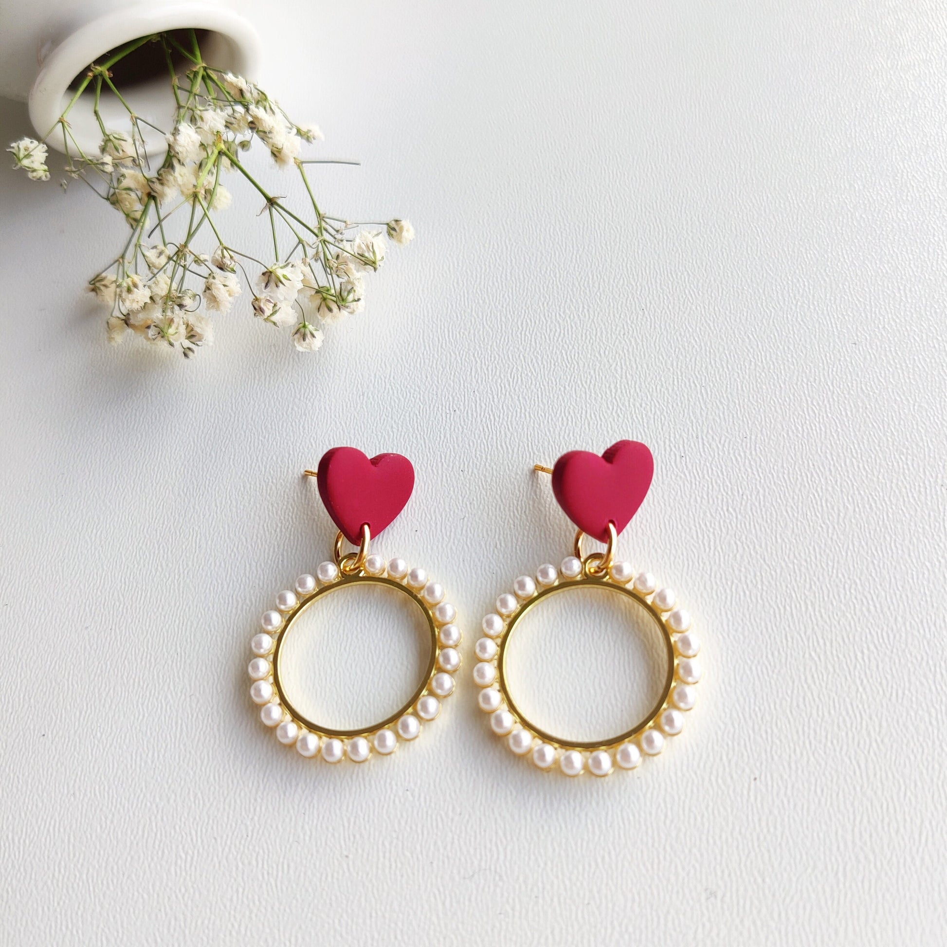 Vintage Pearl Earrings | Valentine's Day Earrings | Polymer Clay Earrings | Clay Earrings | Floral Earrings | Pink | Handmade Jewellery